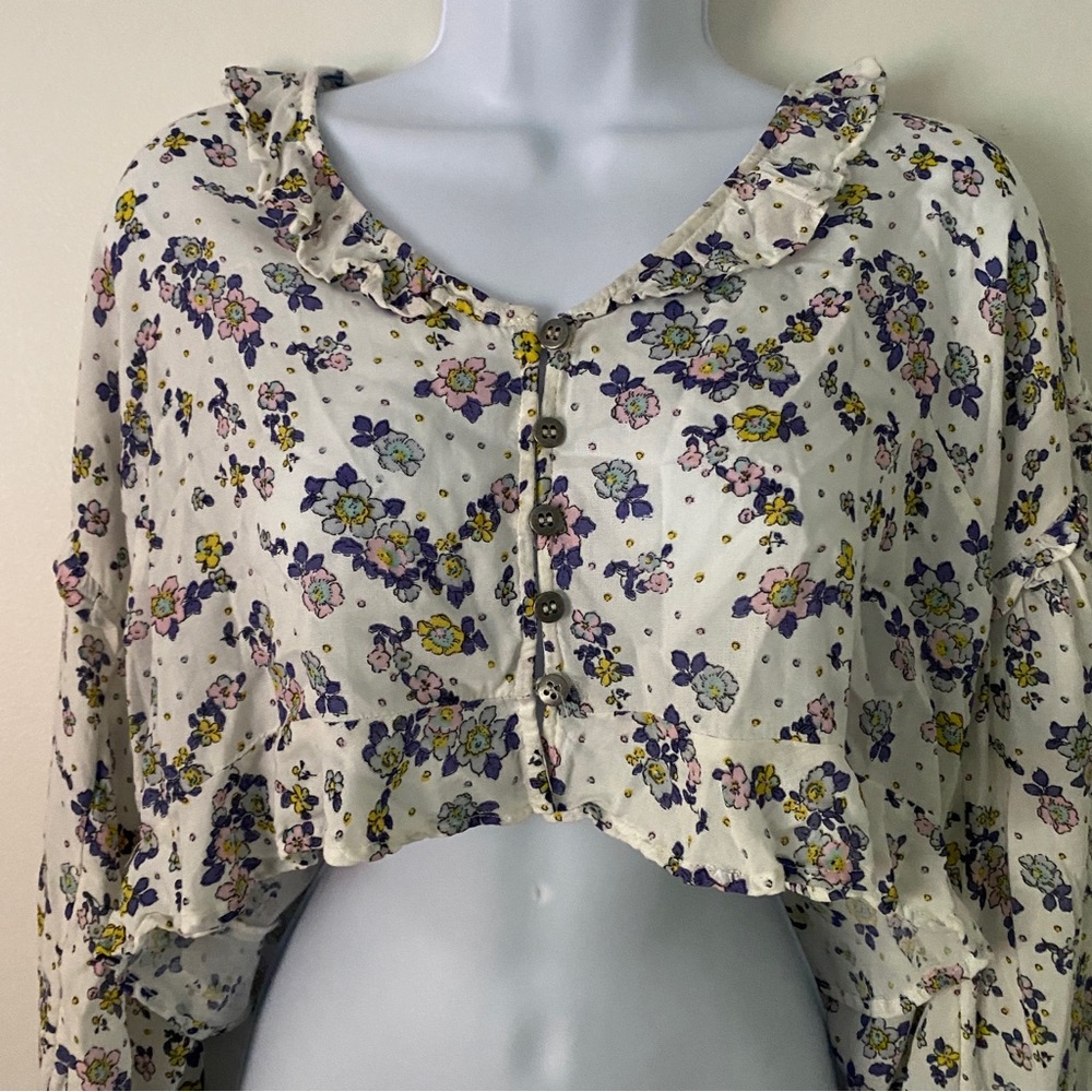 Free People Secret Garden Floral Ruffle Cropped Top Long Sleeve Blouse Lavender - Picture 6 of 13